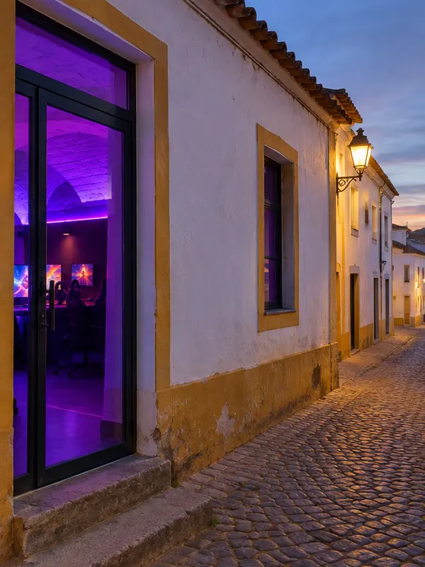 Fachada caiada com porta de vidro e luz violeta no interior