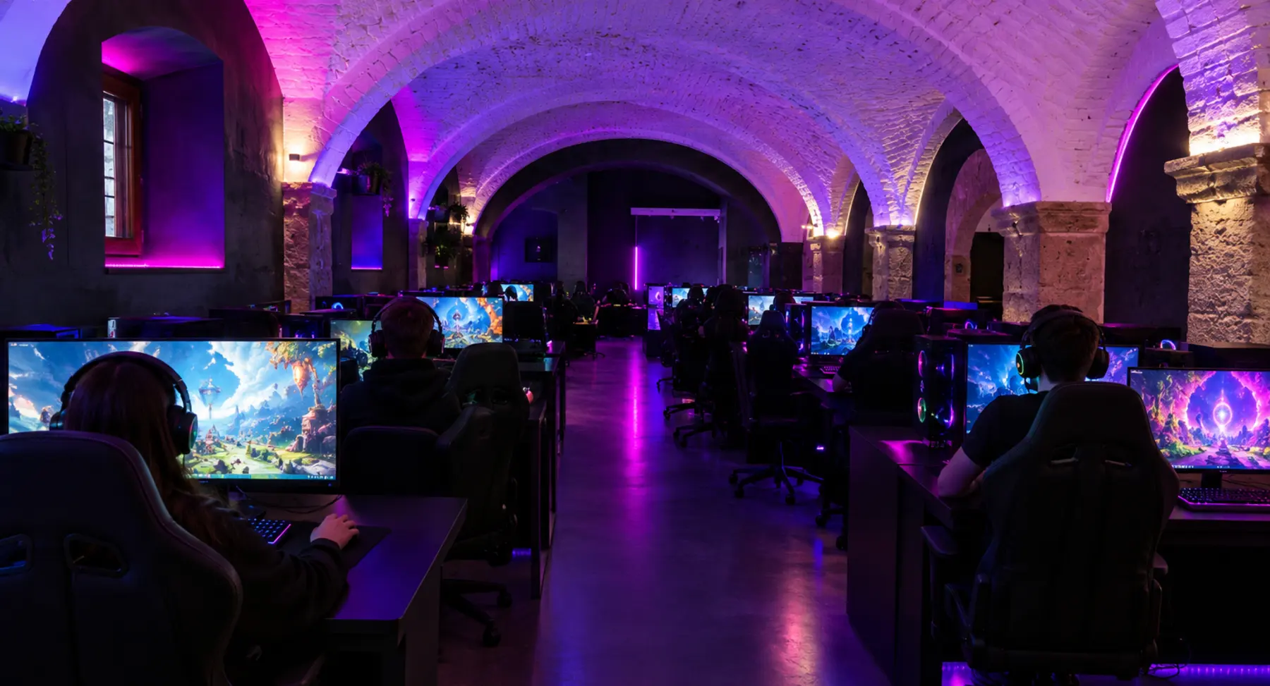 Nave principal com filas de PCs e abóbadas iluminadas
