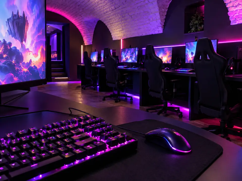 Teclado mecânico e rato num posto